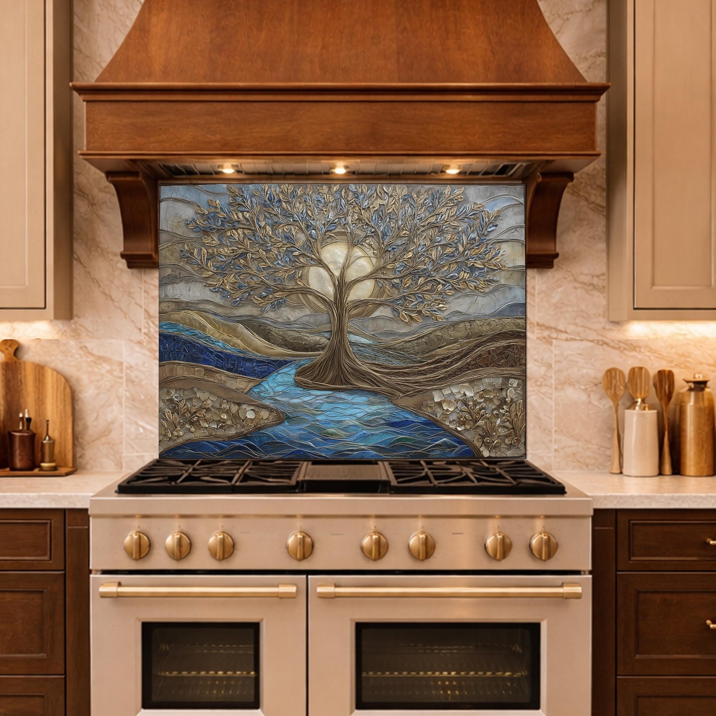 Tree of Life Glass Backsplash, Gold Blue Textured Look Kitchen Wall Art Panel