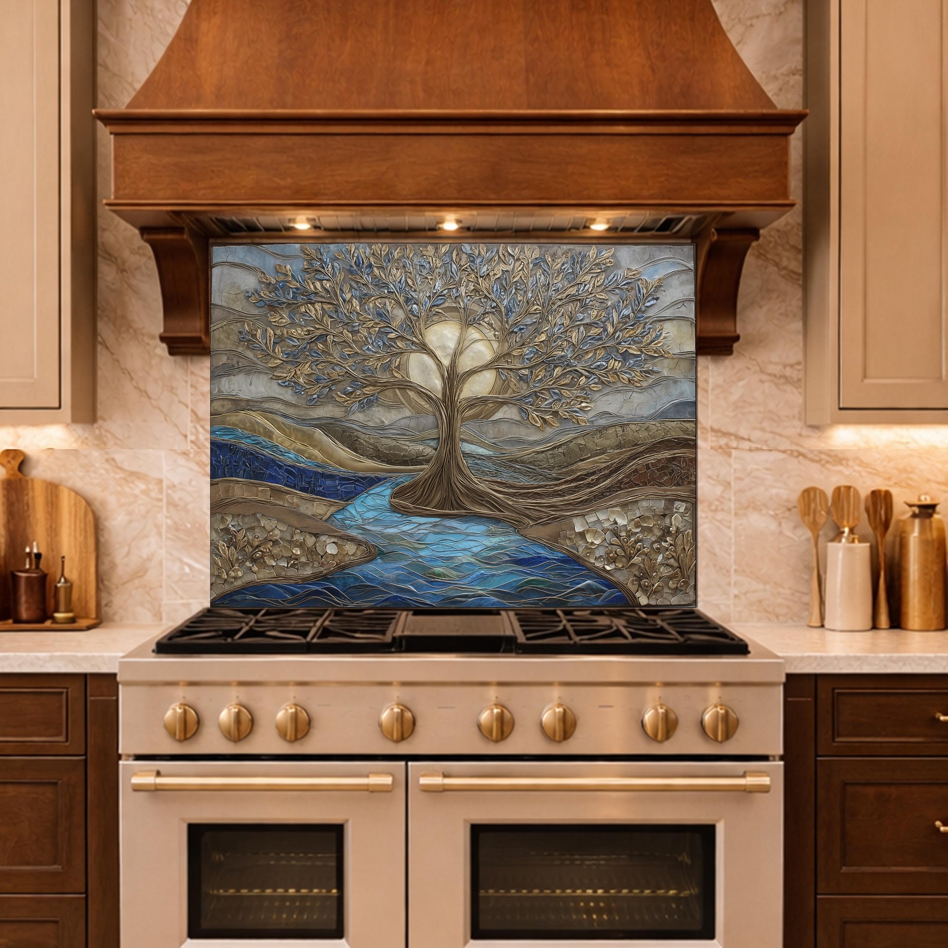 Tree of Life Glass Backsplash, Gold Blue Textured Look Kitchen Wall Art Panel