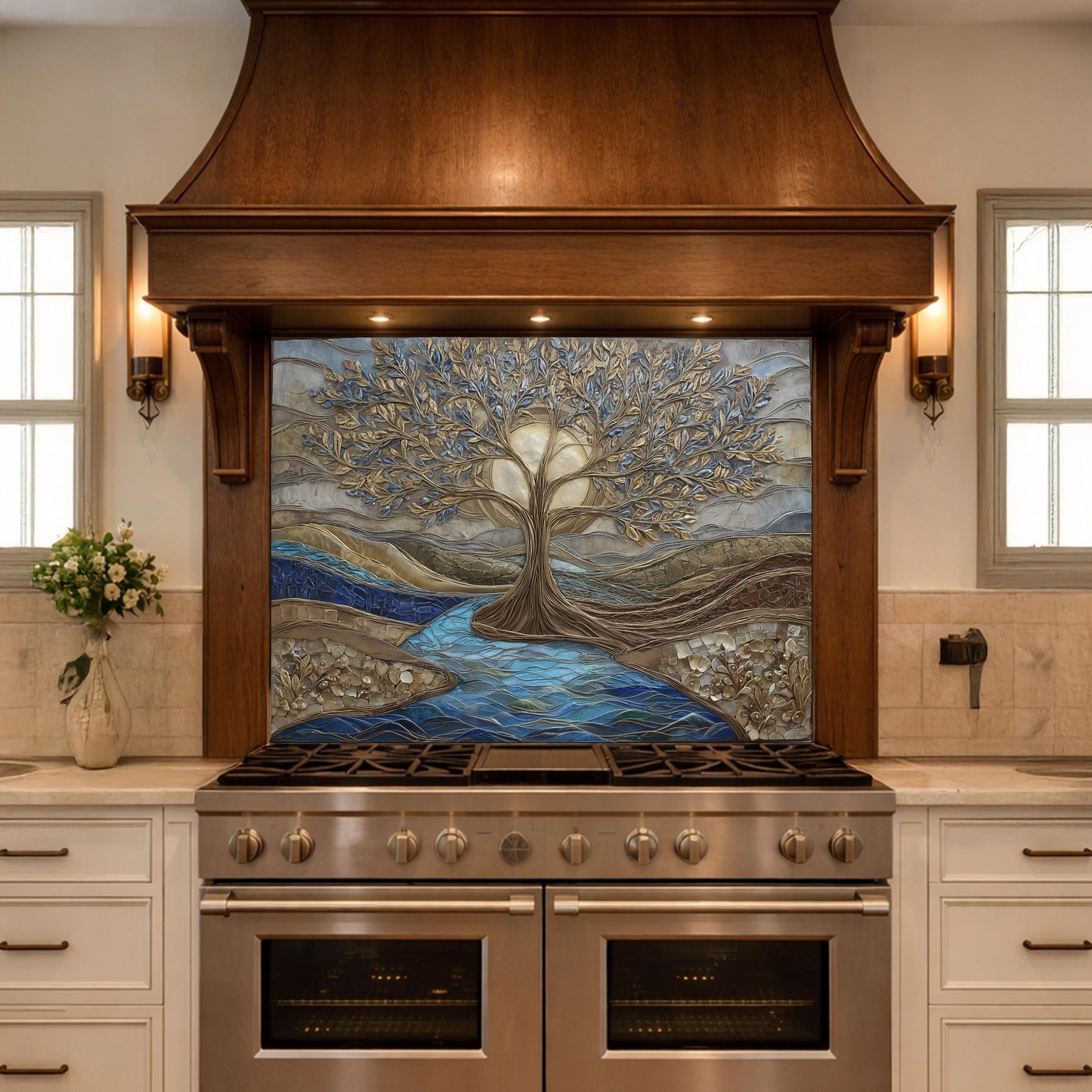 Tree of Life Glass Backsplash, Gold Blue Textured Look Kitchen Wall Art Panel