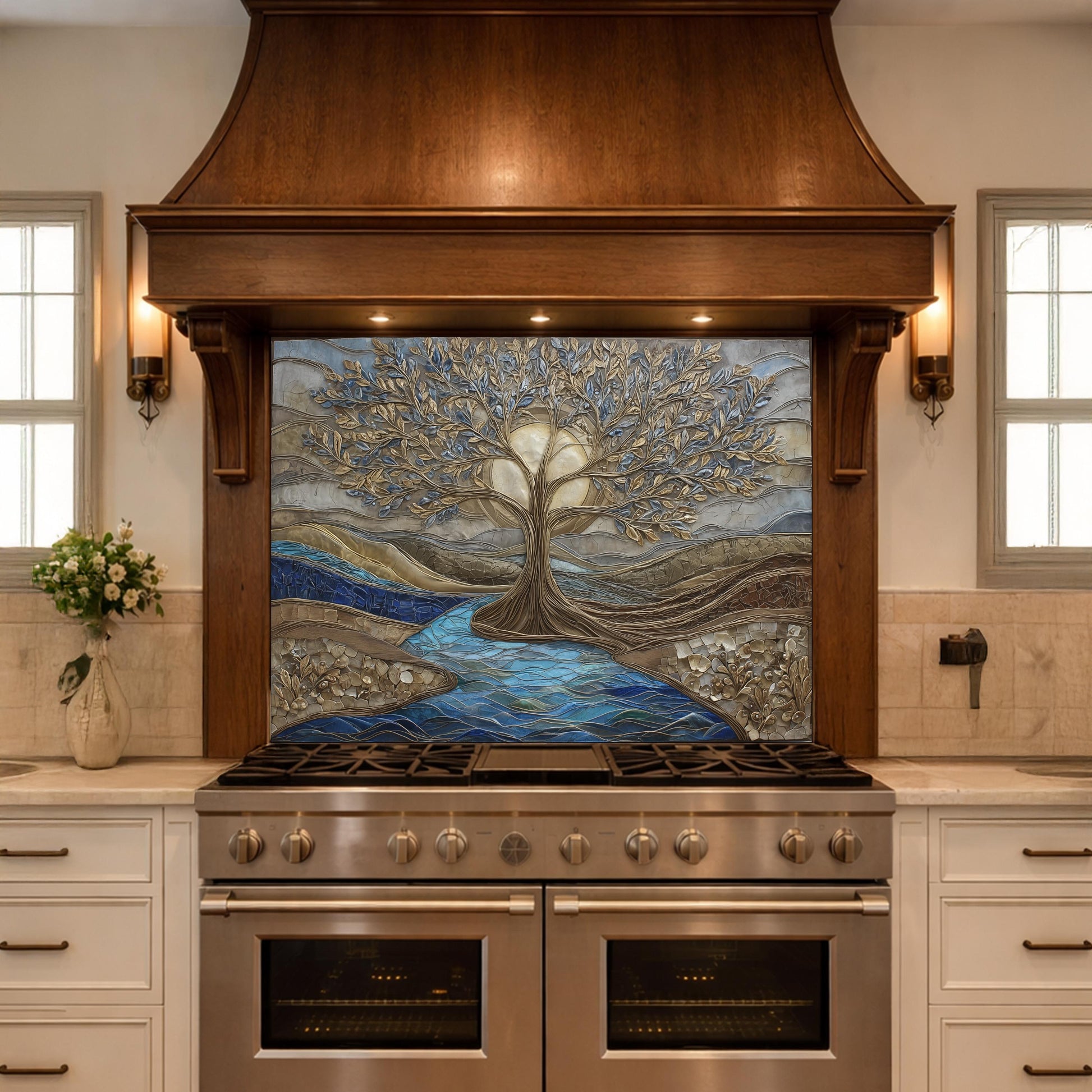 Tree of Life Glass Backsplash, Gold Blue Textured Look Kitchen Wall Art Panel