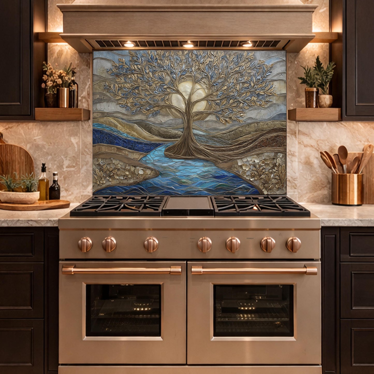 Tree of Life Glass Backsplash, Gold Blue Textured Look Kitchen Wall Art Panel