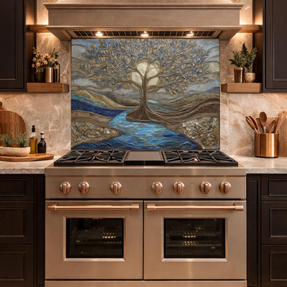 Tree of Life Glass Backsplash, Gold Blue Textured Look Kitchen Wall Art Panel