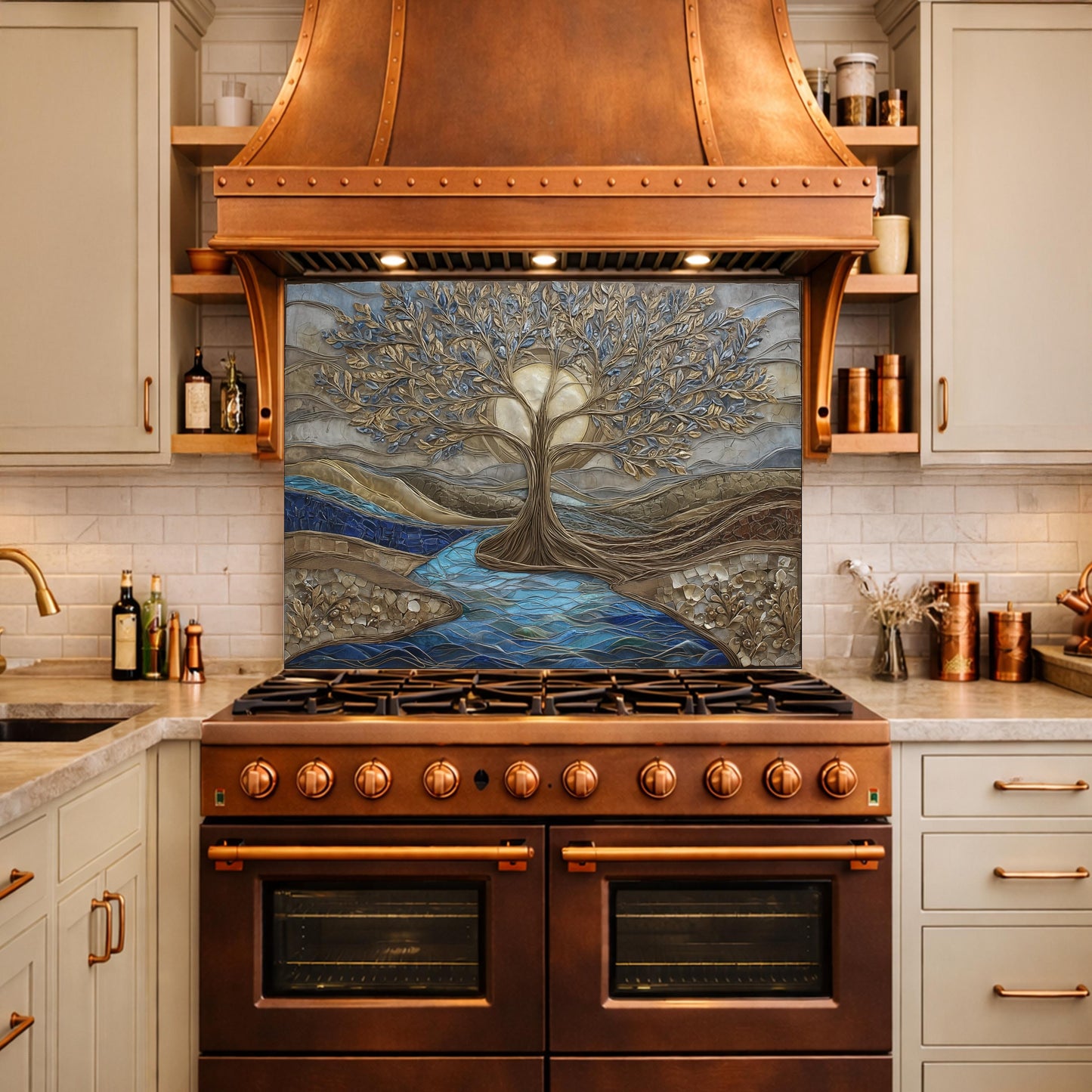 Tree of Life Glass Backsplash, Gold Blue Textured Look Kitchen Wall Art Panel