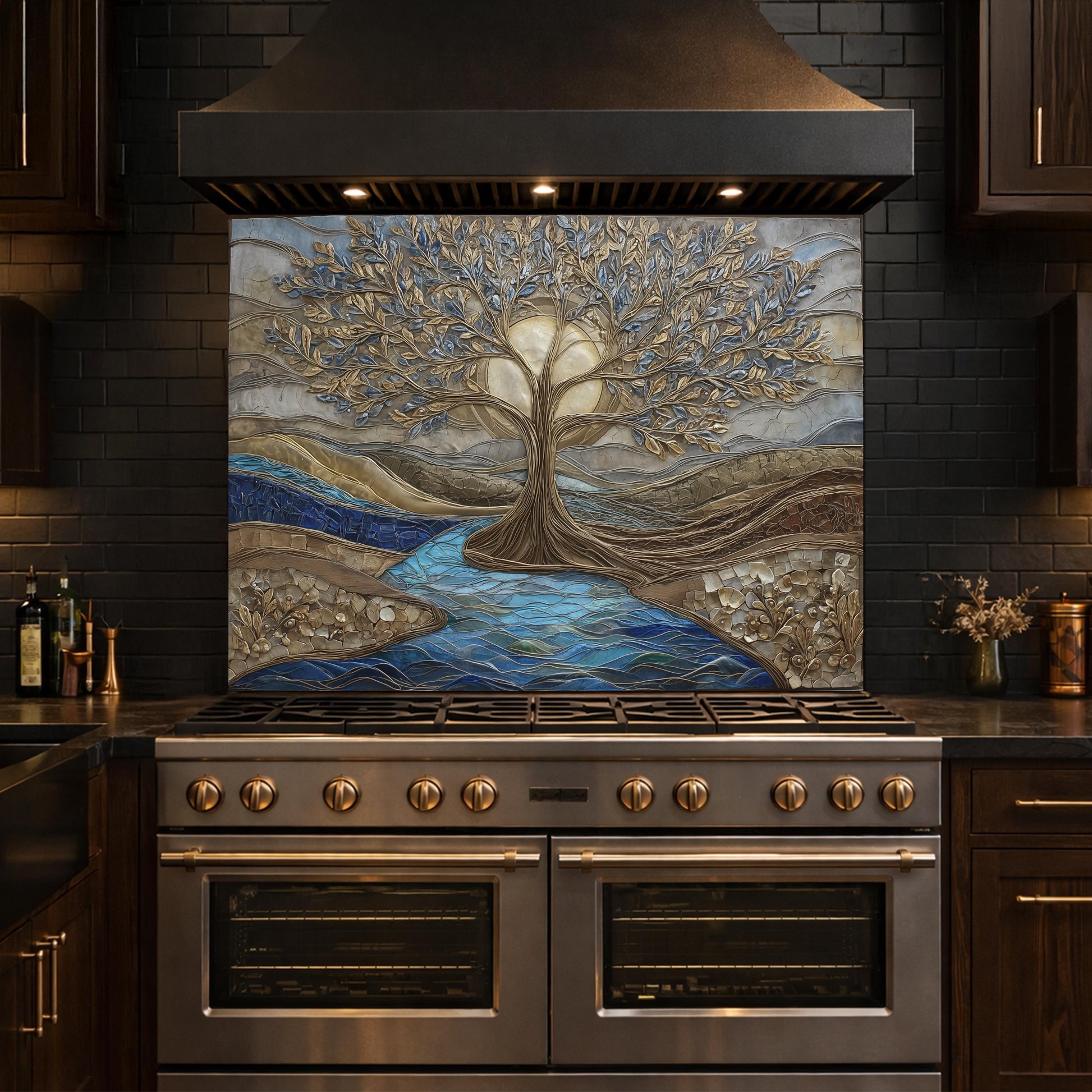 Tree of Life Glass Backsplash, Gold Blue Textured Look Kitchen Wall Art Panel