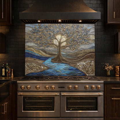 Tree of Life Glass Backsplash, Gold Blue Textured Look Kitchen Wall Art Panel