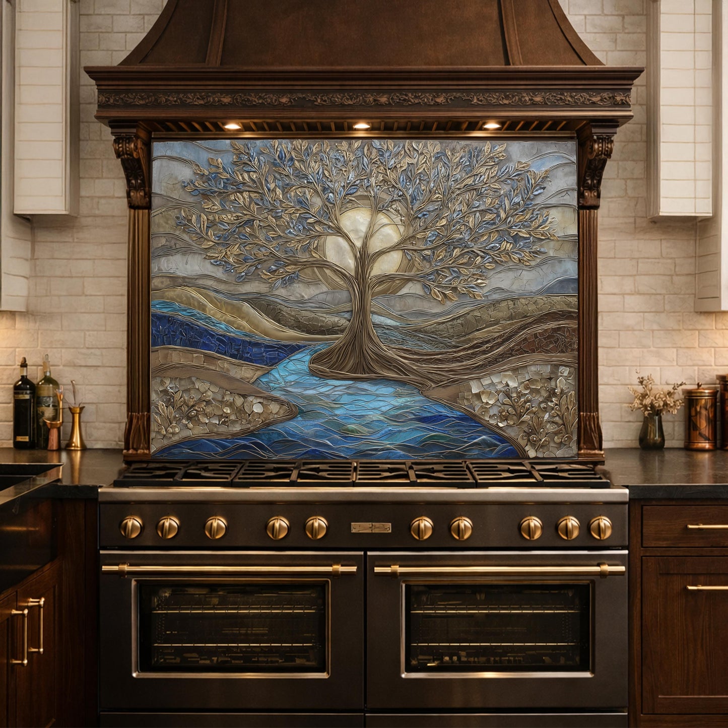 Tree of Life Glass Backsplash, Gold Blue Textured Look Kitchen Wall Art Panel