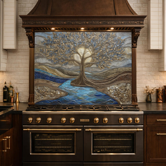 Tree of Life Glass Backsplash, Gold Blue Textured Look Kitchen Wall Art Panel