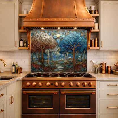 Stained Glass Forest Backsplash, Deer Mountain Landscape Kitchen Wall Art Panel