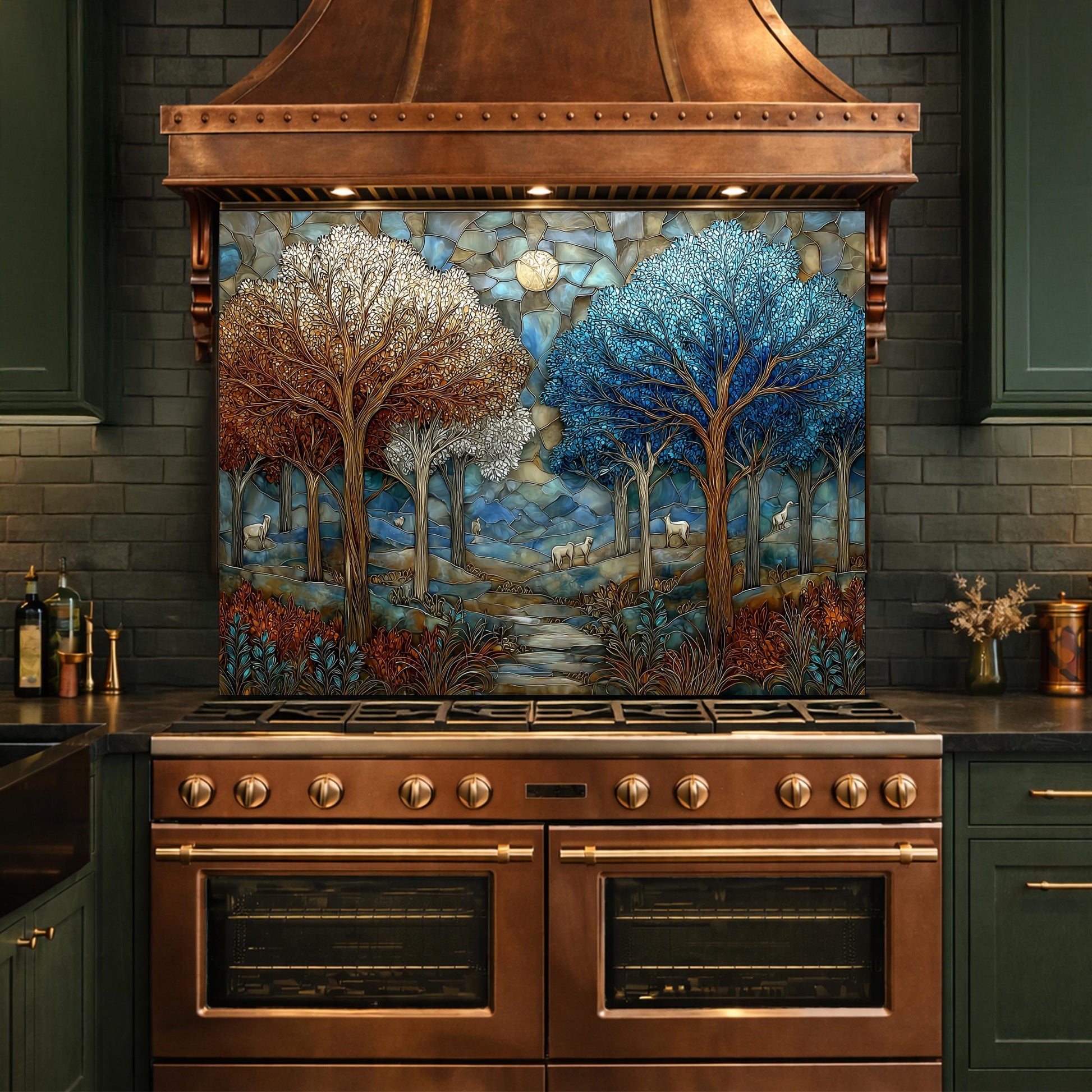 Stained Glass Forest Backsplash, Deer Mountain Landscape Kitchen Wall Art Panel
