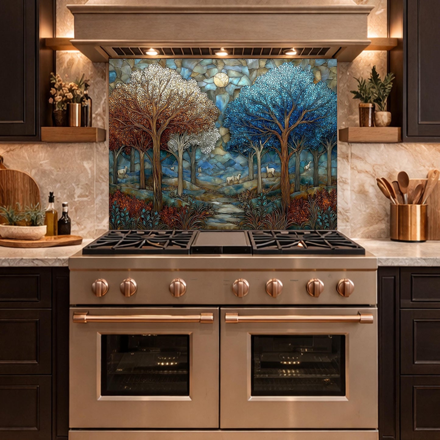 Stained Glass Forest Backsplash, Deer Mountain Landscape Kitchen Wall Art Panel