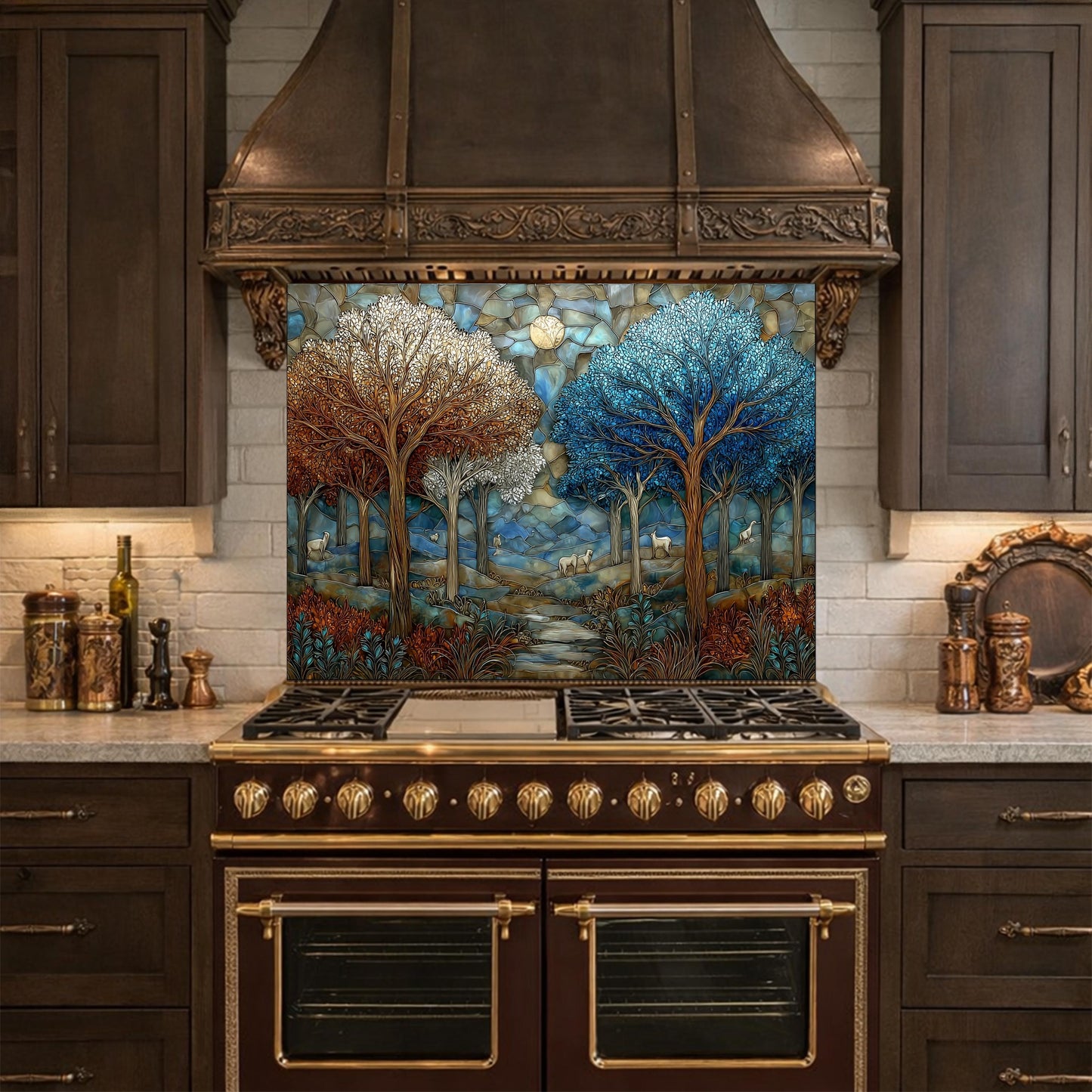 Stained Glass Forest Backsplash, Deer Mountain Landscape Kitchen Wall Art Panel