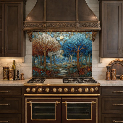 Stained Glass Forest Backsplash, Deer Mountain Landscape Kitchen Wall Art Panel