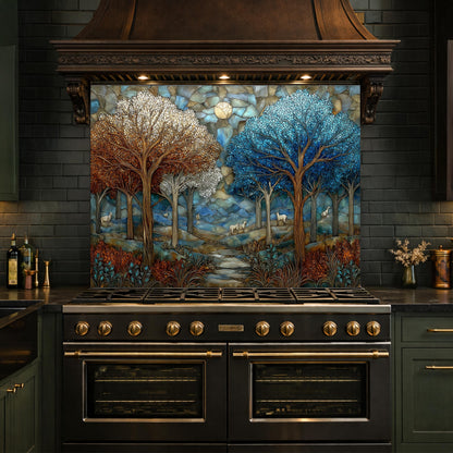 Stained Glass Forest Backsplash, Deer Mountain Landscape Kitchen Wall Art Panel