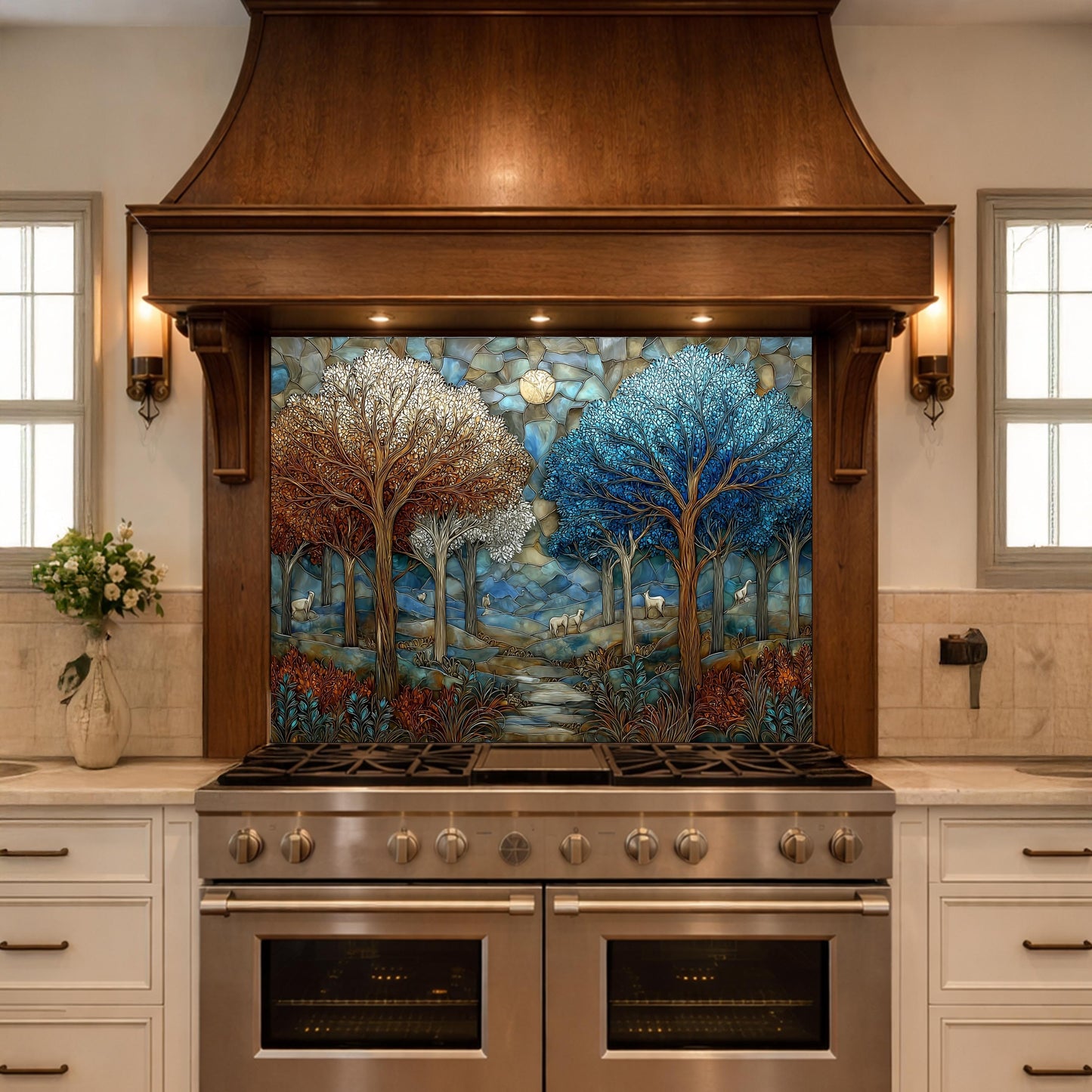 Stained Glass Forest Backsplash, Deer Mountain Landscape Kitchen Wall Art Panel