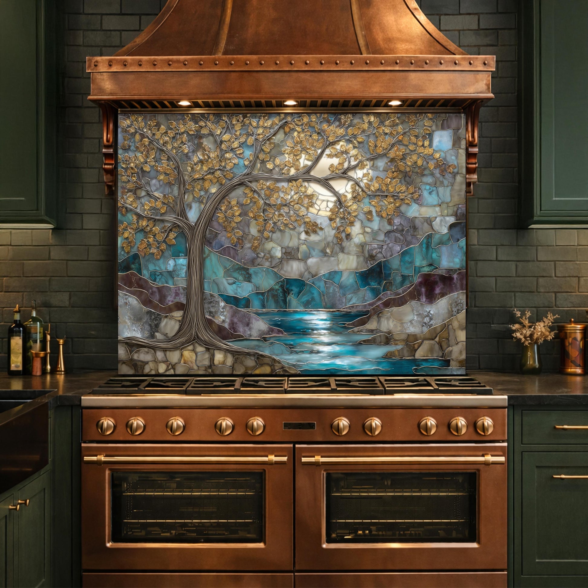 Tree of Life Glass Backsplash, Teal Gold Stained Glass Kitchen Wall Art Panel