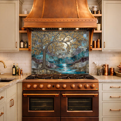 Tree of Life Glass Backsplash, Teal Gold Stained Glass Kitchen Wall Art Panel