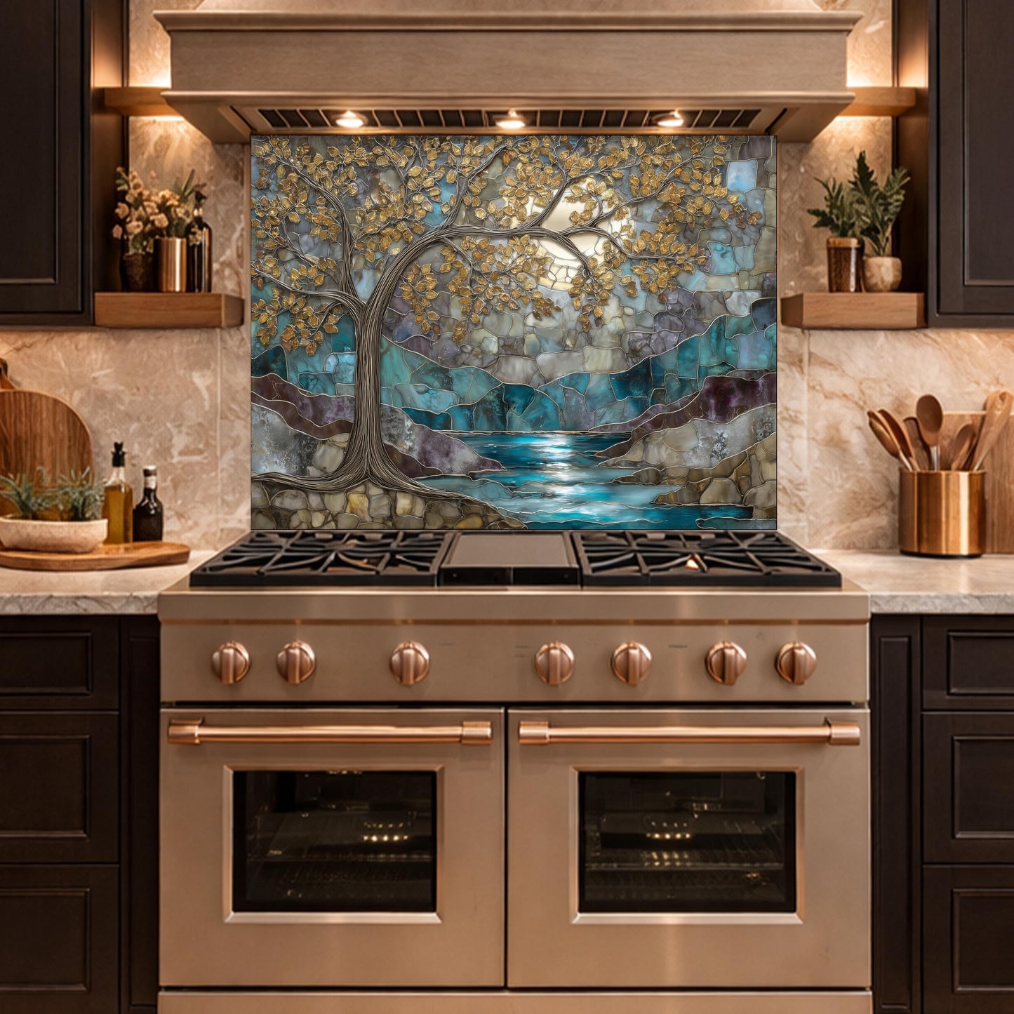 Tree of Life Glass Backsplash, Teal Gold Stained Glass Kitchen Wall Art Panel