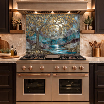 Tree of Life Glass Backsplash, Teal Gold Stained Glass Kitchen Wall Art Panel