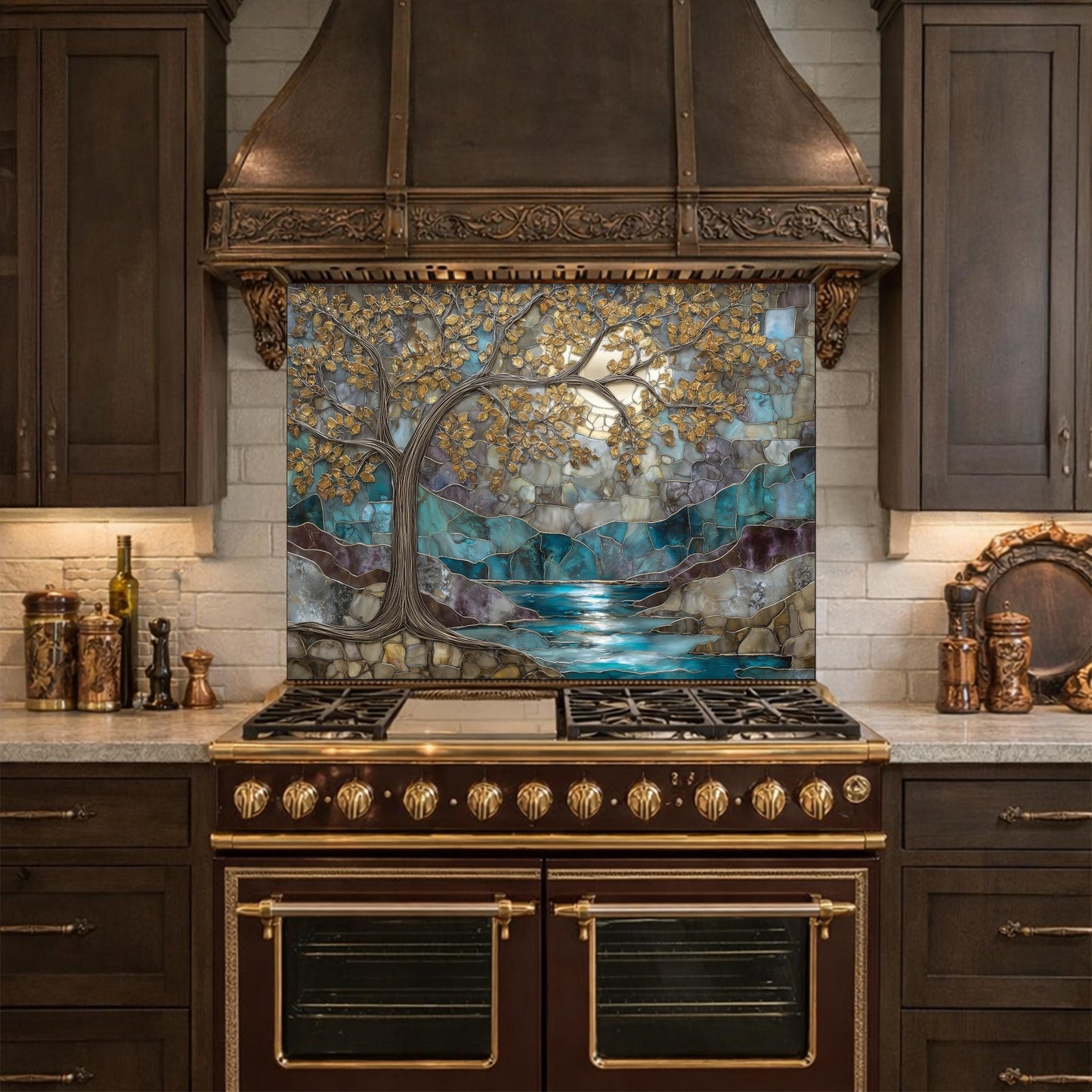 Tree of Life Glass Backsplash, Teal Gold Stained Glass Kitchen Wall Art Panel