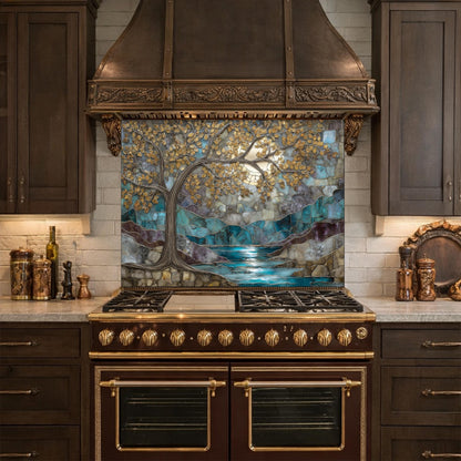 Tree of Life Glass Backsplash, Teal Gold Stained Glass Kitchen Wall Art Panel