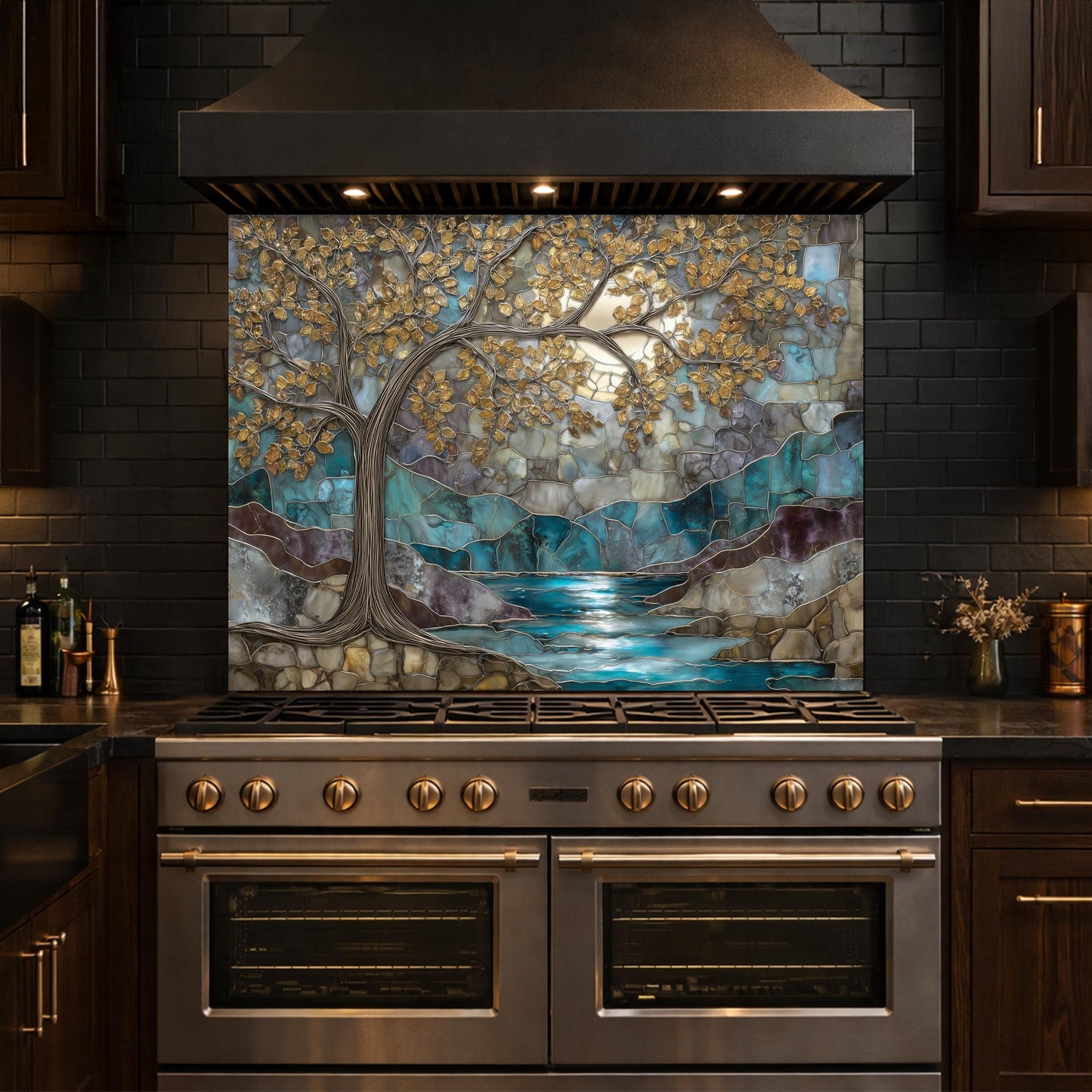 Tree of Life Glass Backsplash, Teal Gold Stained Glass Kitchen Wall Art Panel