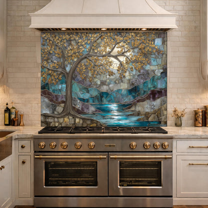 Tree of Life Glass Backsplash, Teal Gold Stained Glass Kitchen Wall Art Panel