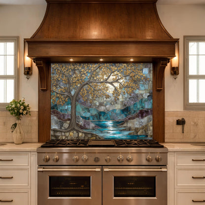 Tree of Life Glass Backsplash, Teal Gold Stained Glass Kitchen Wall Art Panel