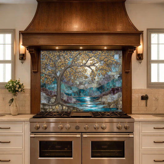 Tree of Life Glass Backsplash, Teal Gold Stained Glass Kitchen Wall Art Panel