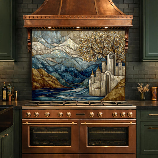 Castle Glass Backsplash, Stained Glass Mountain Landscape Kitchen Wall Art Panel