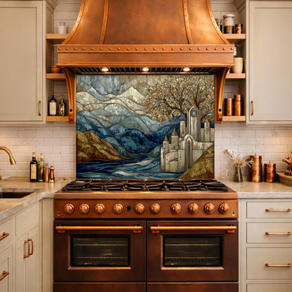 Castle Glass Backsplash, Stained Glass Mountain Landscape Kitchen Wall Art Panel