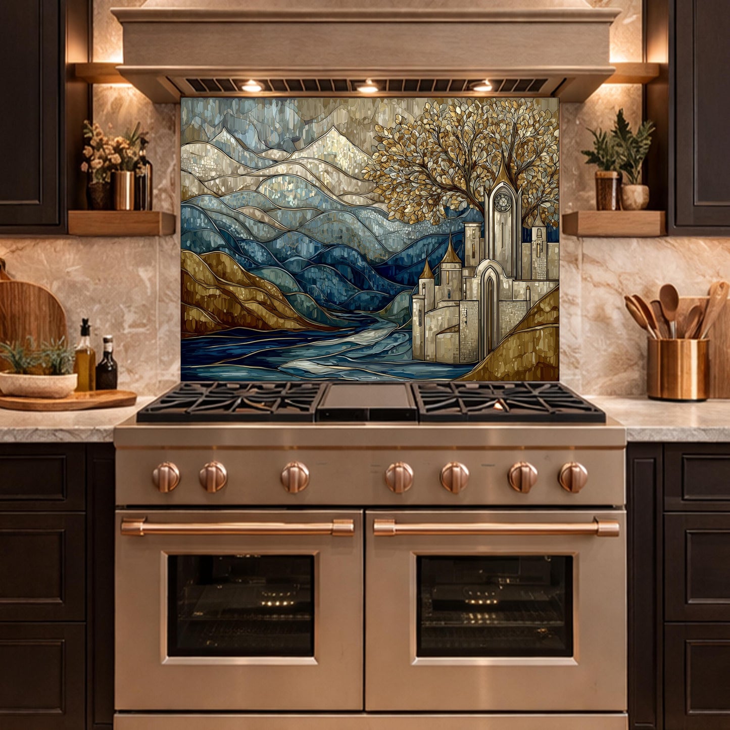 Castle Glass Backsplash, Stained Glass Mountain Landscape Kitchen Wall Art Panel