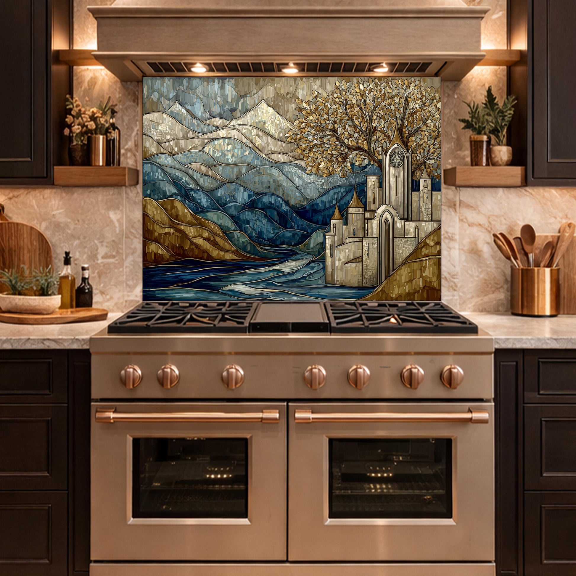 Castle Glass Backsplash, Stained Glass Mountain Landscape Kitchen Wall Art Panel