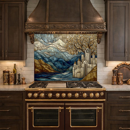 Castle Glass Backsplash, Stained Glass Mountain Landscape Kitchen Wall Art Panel