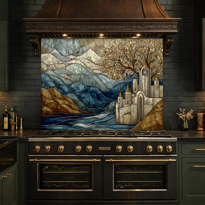 Castle Glass Backsplash, Stained Glass Mountain Landscape Kitchen Wall Art Panel