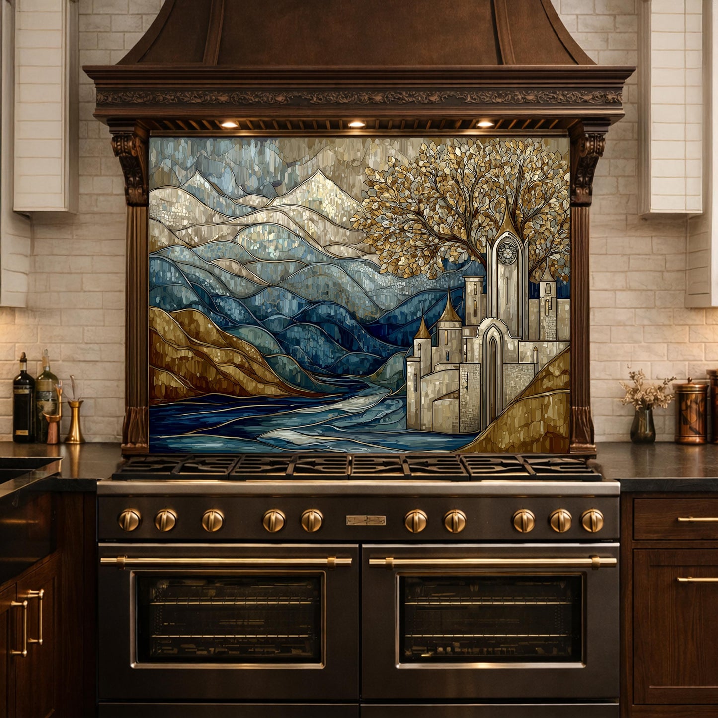 Castle Glass Backsplash, Stained Glass Mountain Landscape Kitchen Wall Art Panel
