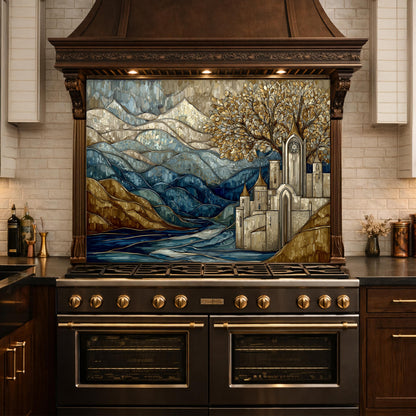 Castle Glass Backsplash, Stained Glass Mountain Landscape Kitchen Wall Art Panel