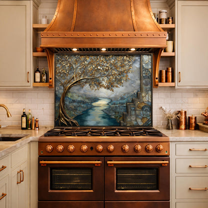 Gold Tree Cityscape Glass Backsplash, Luxury River View Kitchen Wall Art Panel
