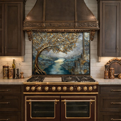 Gold Tree Cityscape Glass Backsplash, Luxury River View Kitchen Wall Art Panel