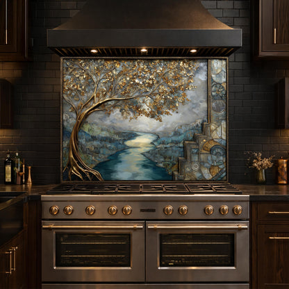 Gold Tree Cityscape Glass Backsplash, Luxury River View Kitchen Wall Art Panel