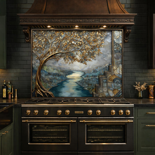 Gold Tree Cityscape Glass Backsplash, Luxury River View Kitchen Wall Art Panel