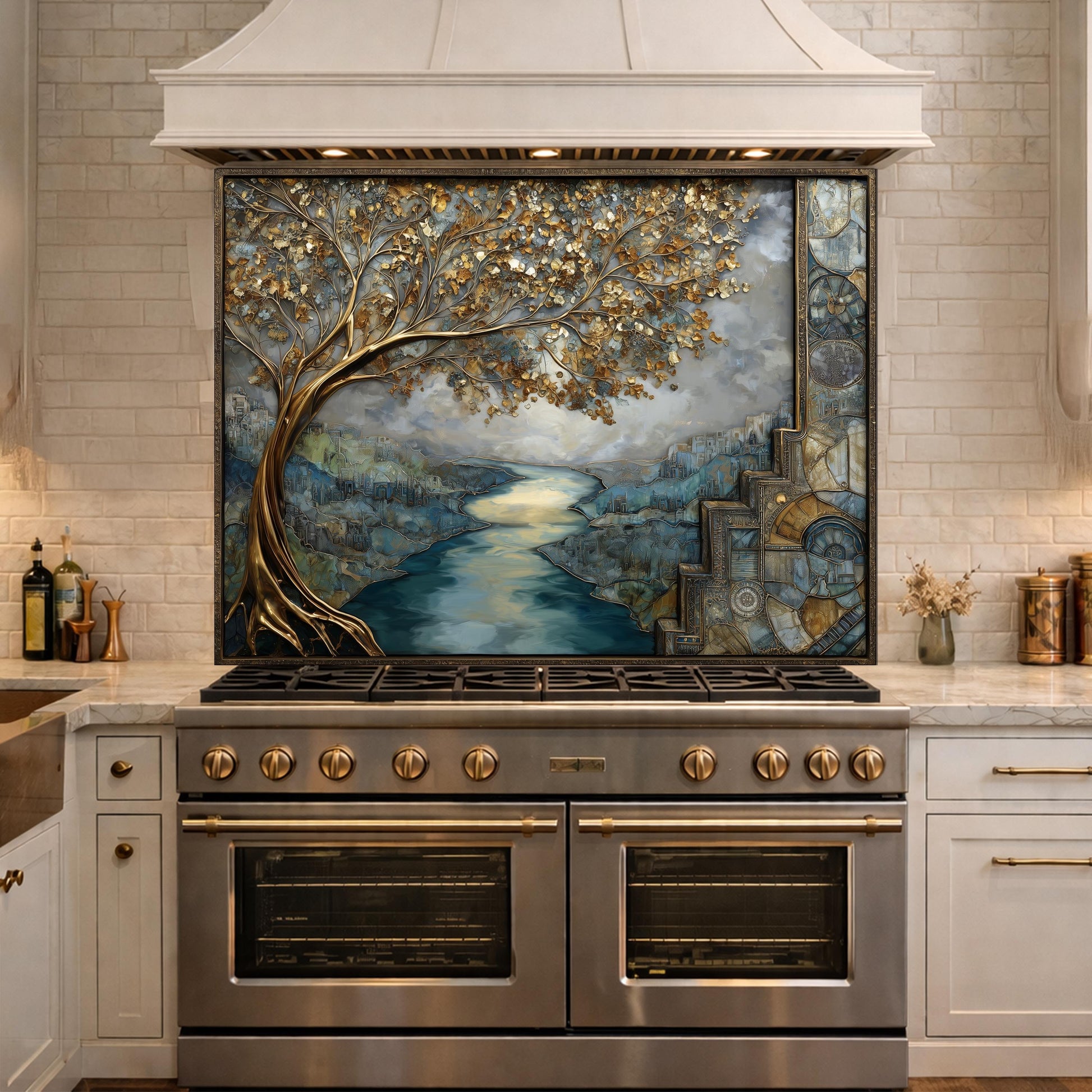 Gold Tree Cityscape Glass Backsplash, Luxury River View Kitchen Wall Art Panel