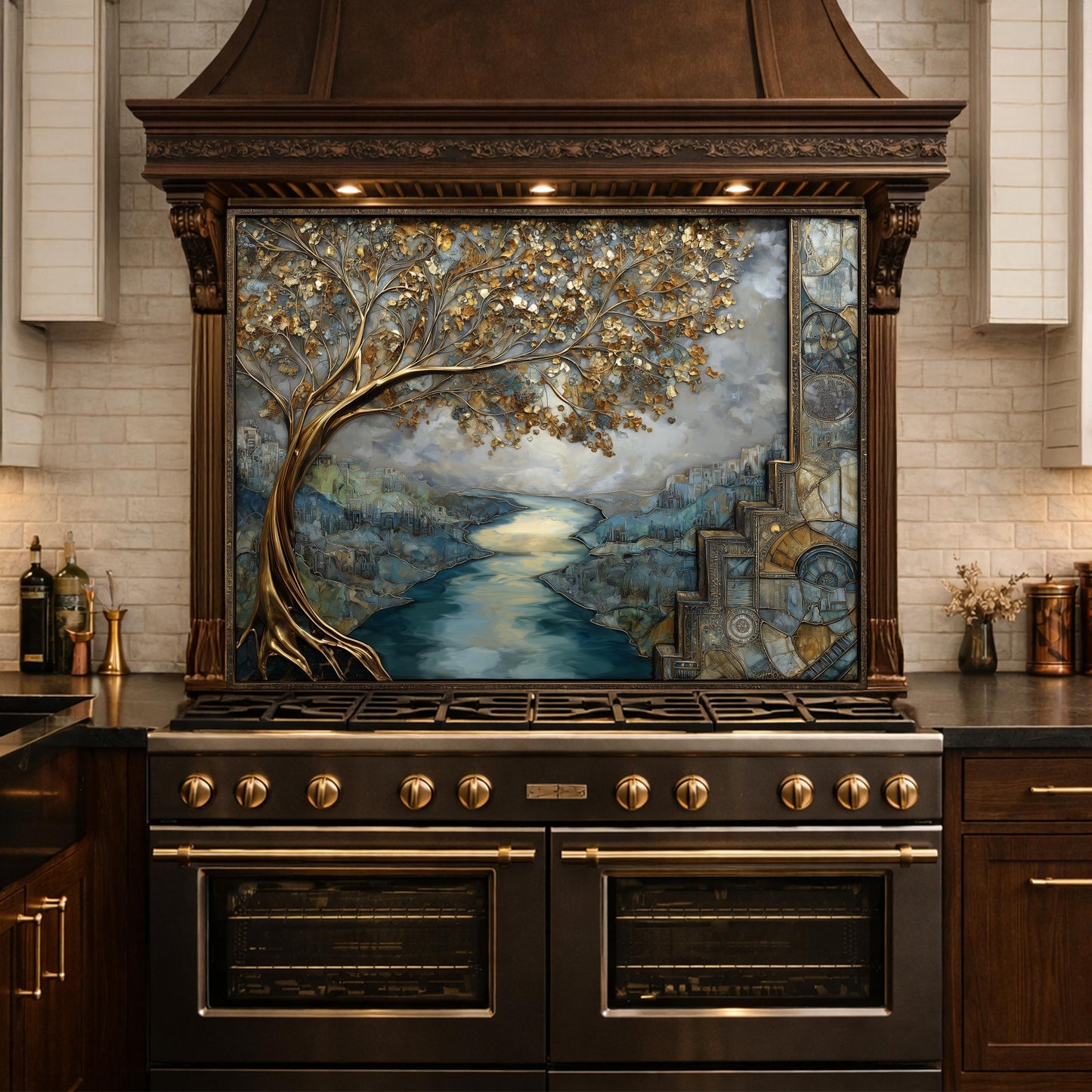 Gold Tree Cityscape Glass Backsplash, Luxury River View Kitchen Wall Art Panel