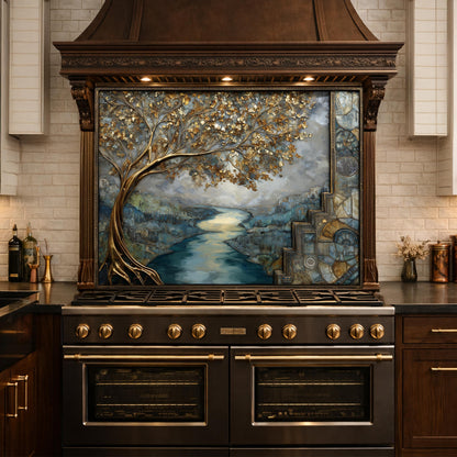 Gold Tree Cityscape Glass Backsplash, Luxury River View Kitchen Wall Art Panel