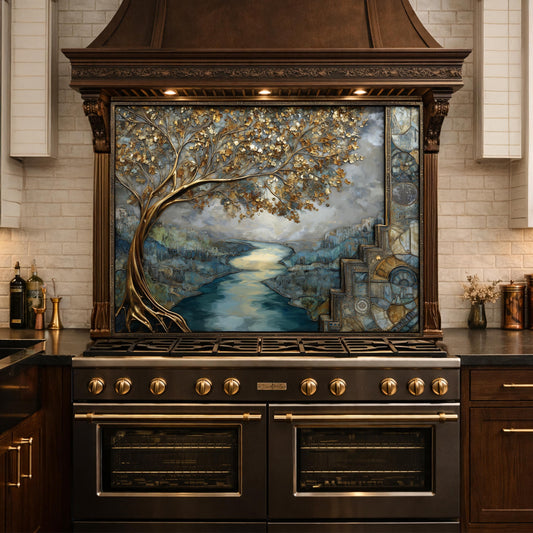 Gold Tree Cityscape Glass Backsplash, Luxury River View Kitchen Wall Art Panel