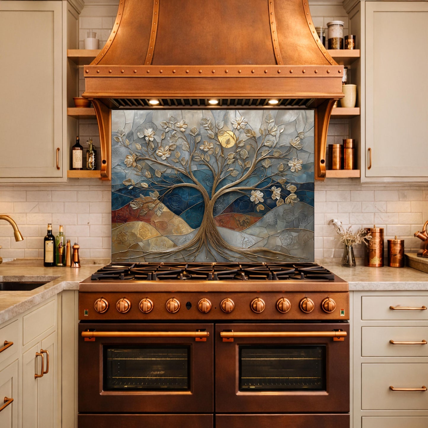 Floral Tree Glass Backsplash, Gold Botanical Kitchen Wall Art Panel Decor