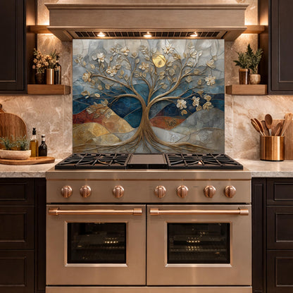 Floral Tree Glass Backsplash, Gold Botanical Kitchen Wall Art Panel Decor