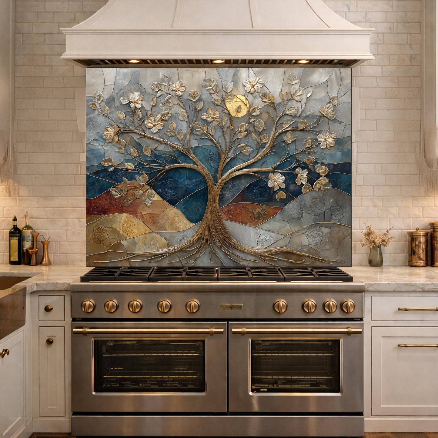 Floral Tree Glass Backsplash, Gold Botanical Kitchen Wall Art Panel Decor