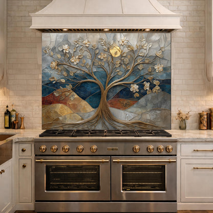 Floral Tree Glass Backsplash, Gold Botanical Kitchen Wall Art Panel Decor
