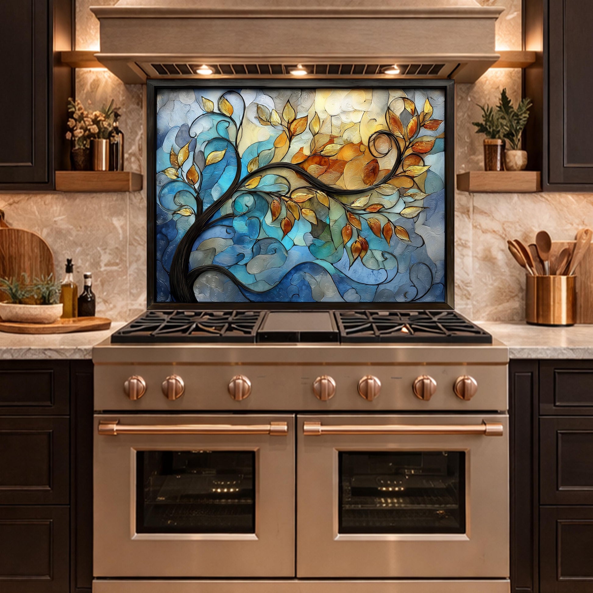 Abstract Tree Glass Backsplash, Blue Gold Floral Kitchen Panel, Modern Wall Art Decor