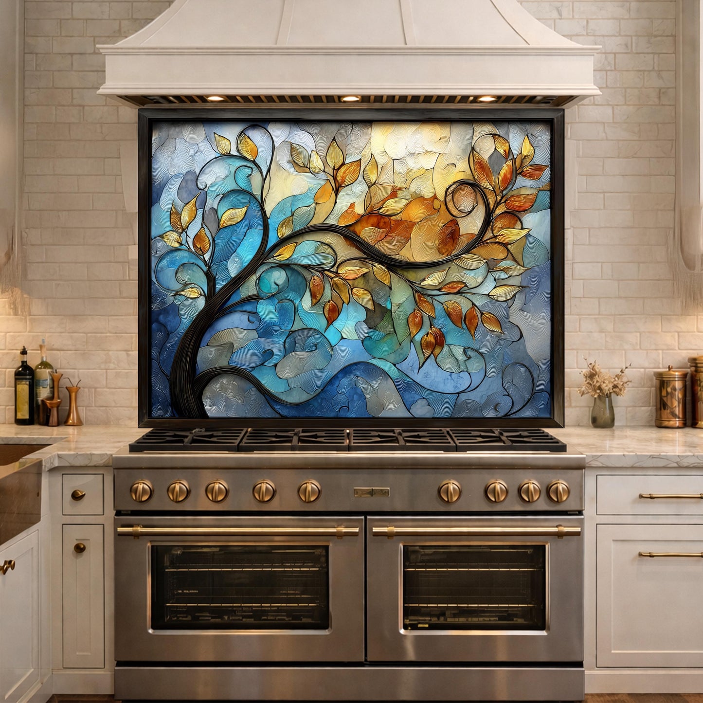 Abstract Tree Glass Backsplash, Blue Gold Floral Kitchen Panel, Modern Wall Art Decor